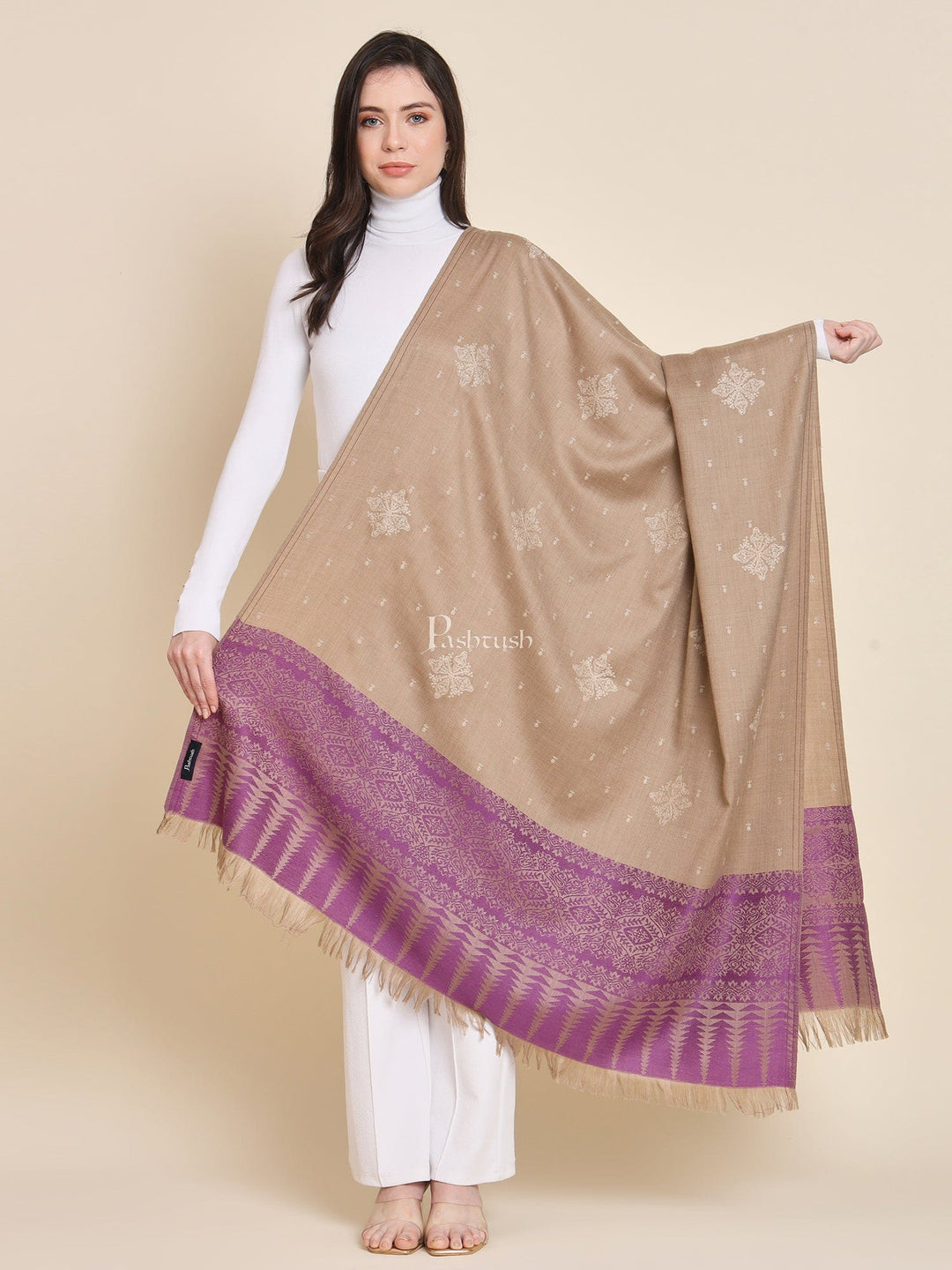 Pashtush India Womens Shawls Pashtush Womens shawl, Fine Wool, Bootey Kashmiri Embroidery, Taupe and Purple