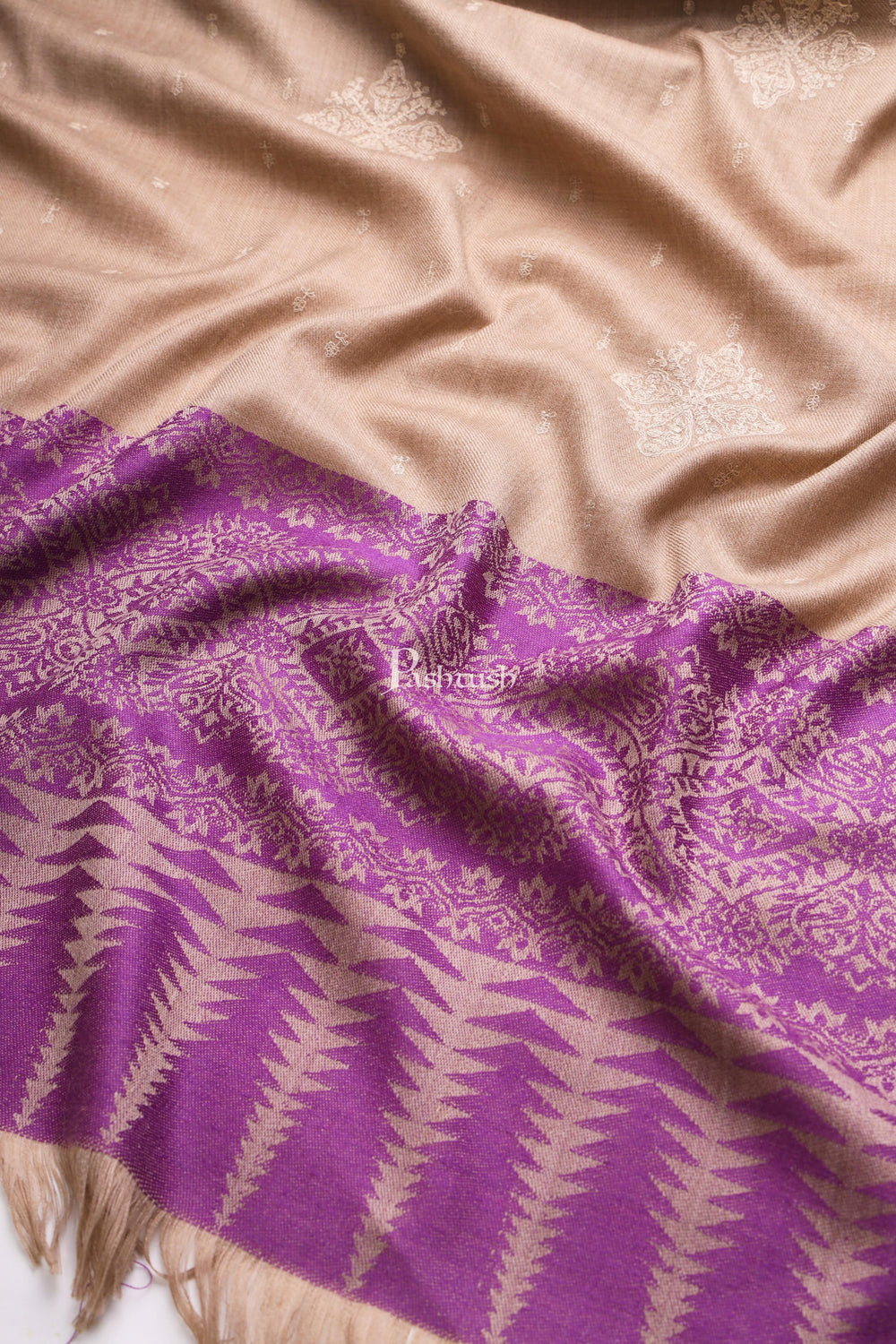 Pashtush India Womens Shawls Pashtush Womens shawl, Fine Wool, Bootey Kashmiri Embroidery, Taupe and Purple
