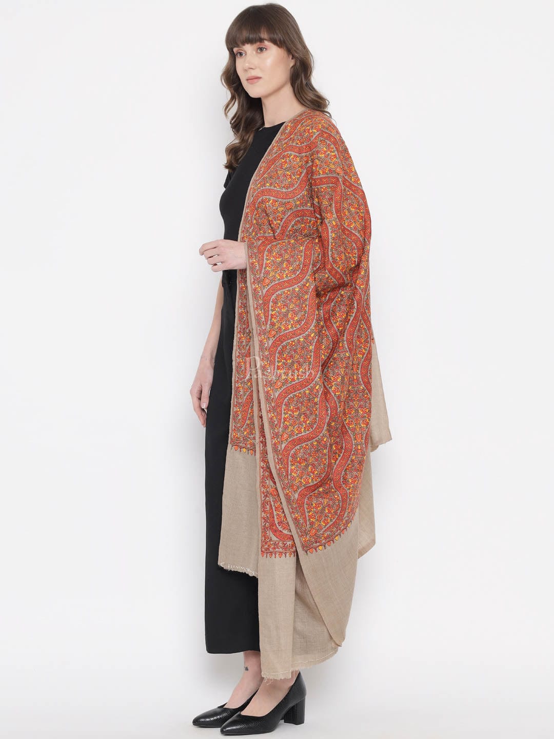 Pashtush India Womens Shawls Pashtush Womens Shawl, Fine Wool, Needlework Jaal, Papier Mache Embroidery, Beige