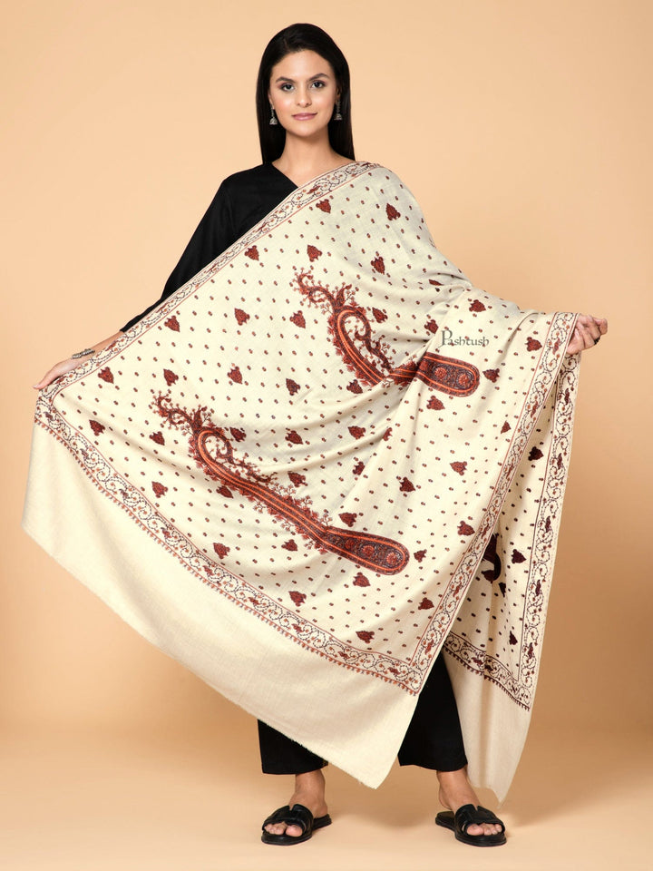 Pashtush India Womens Shawls Pashtush Womens Shawl, Fine Wool Paisley Embroidery, Beige