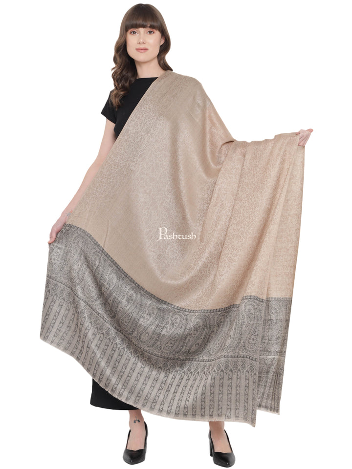 Pashtush India Womens Shawls Pashtush Womens Shawl, Fine Wool Self Jacquard Weave, Beige and Black