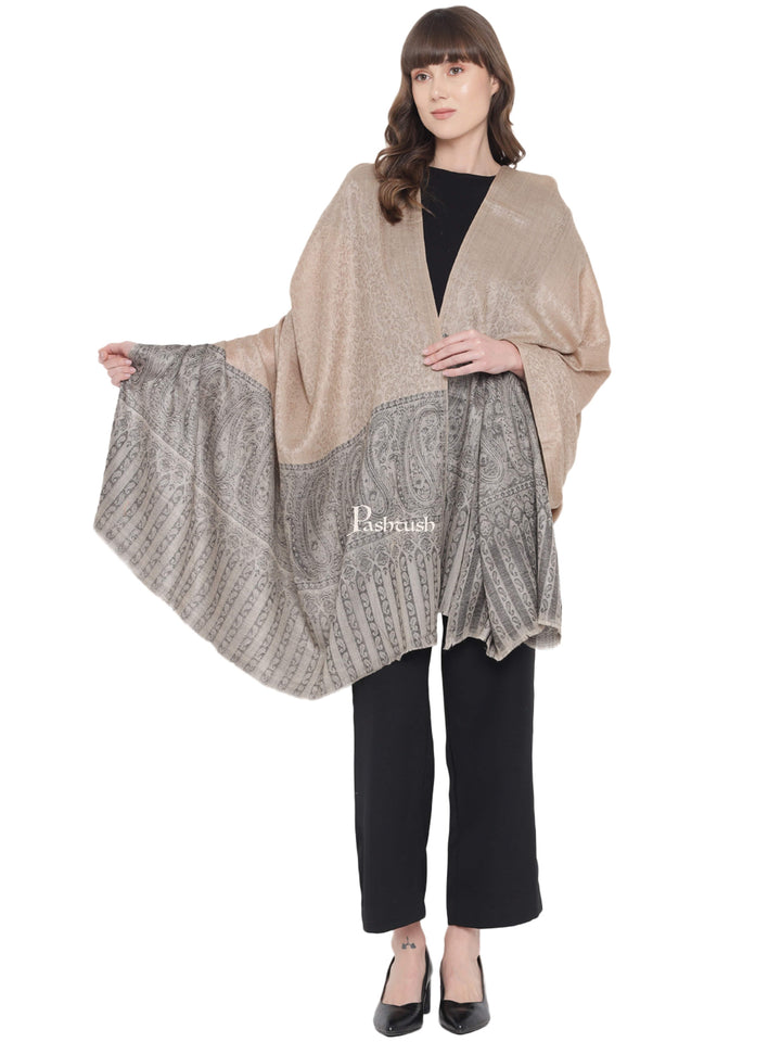 Pashtush India Womens Shawls Pashtush Womens Shawl, Fine Wool Self Jacquard Weave, Beige and Black