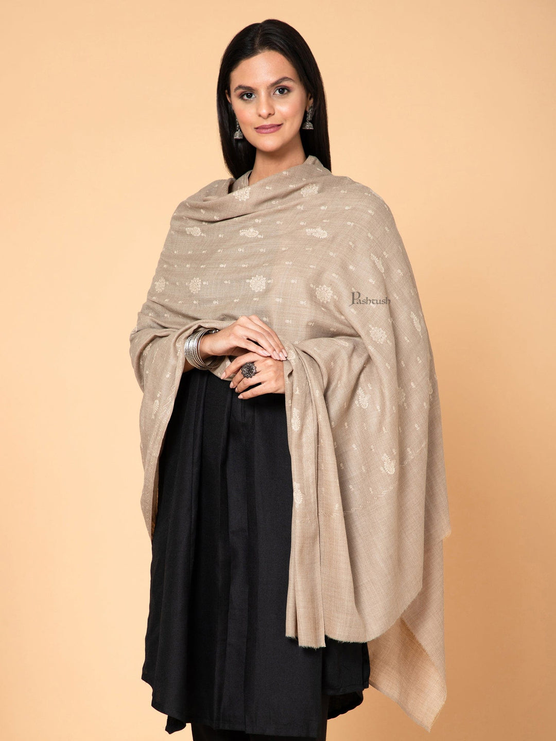 Pashtush India Womens Shawls Pashtush Womens Shawl, Fine Wool, Tone on Tone Embroidery, Natural Beige