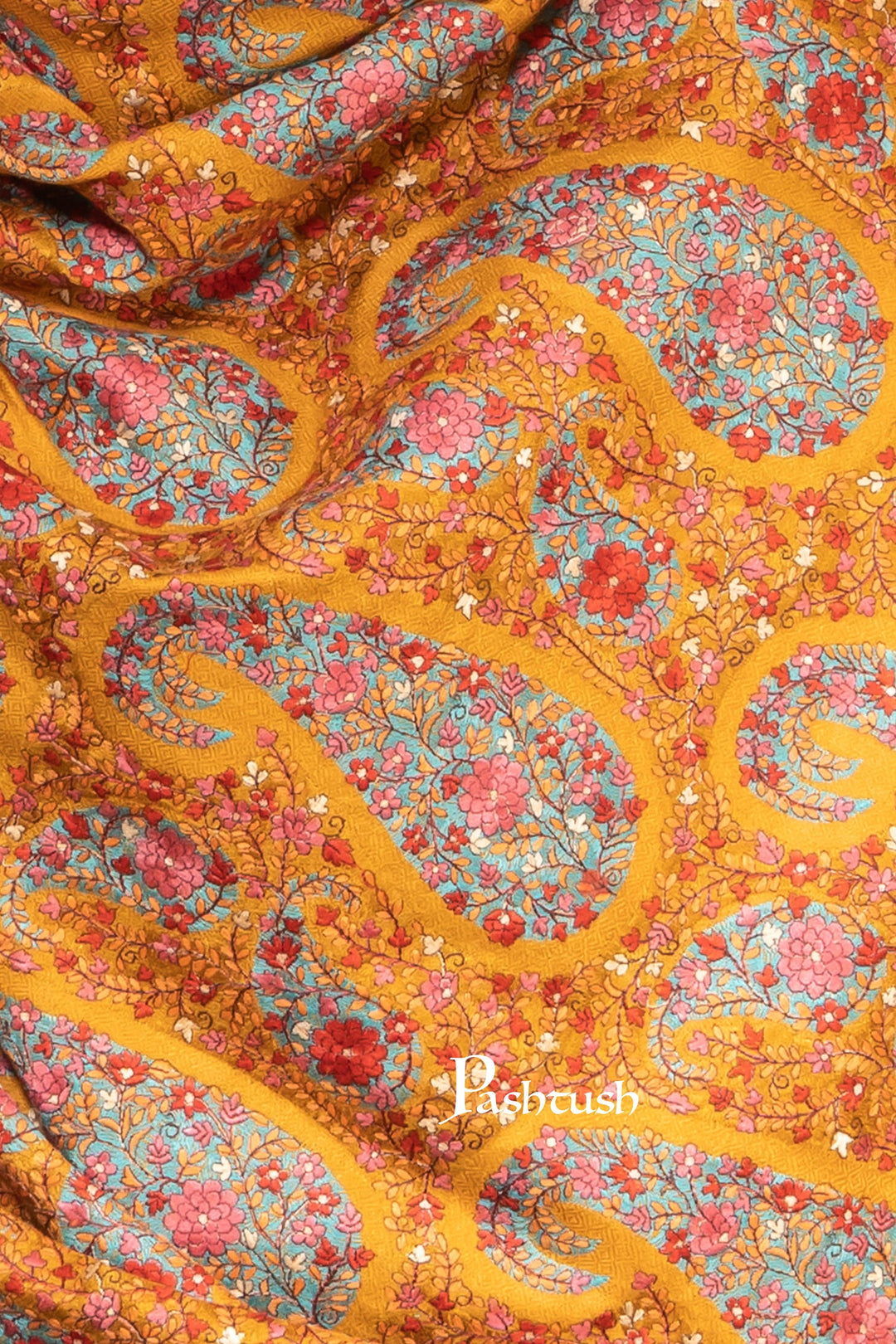 Pashtush India Womens Shawls Pashtush Womens Shawl, Intricate Kashmiri Embroidery, Fine Wool, Jama Jaal, Mustard
