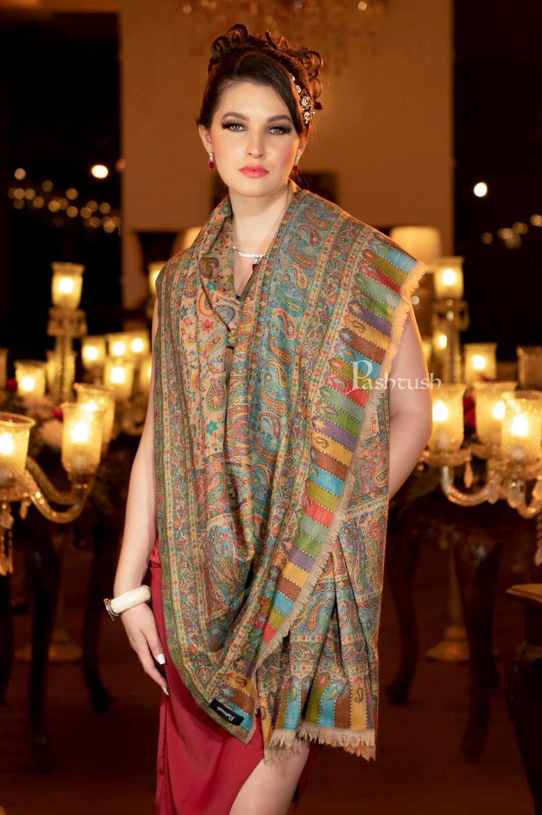 Pashtush India Womens Shawls Pashtush Womens Shawl, Pure Wool, With Woolmark Certificate, Woven Kalamkari Design Shawl