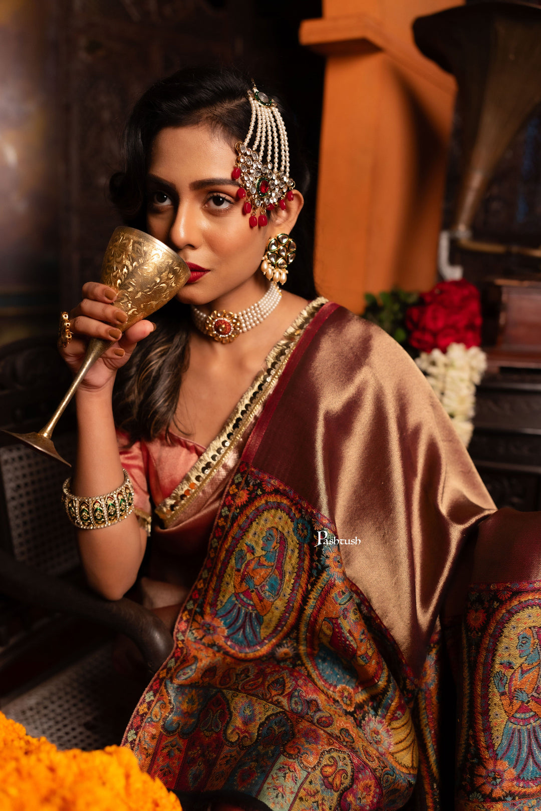 Pashtush India Womens Shawls Pashtush Womens Shawl, Twilight Collection, Fine Wool, Amber and Gold