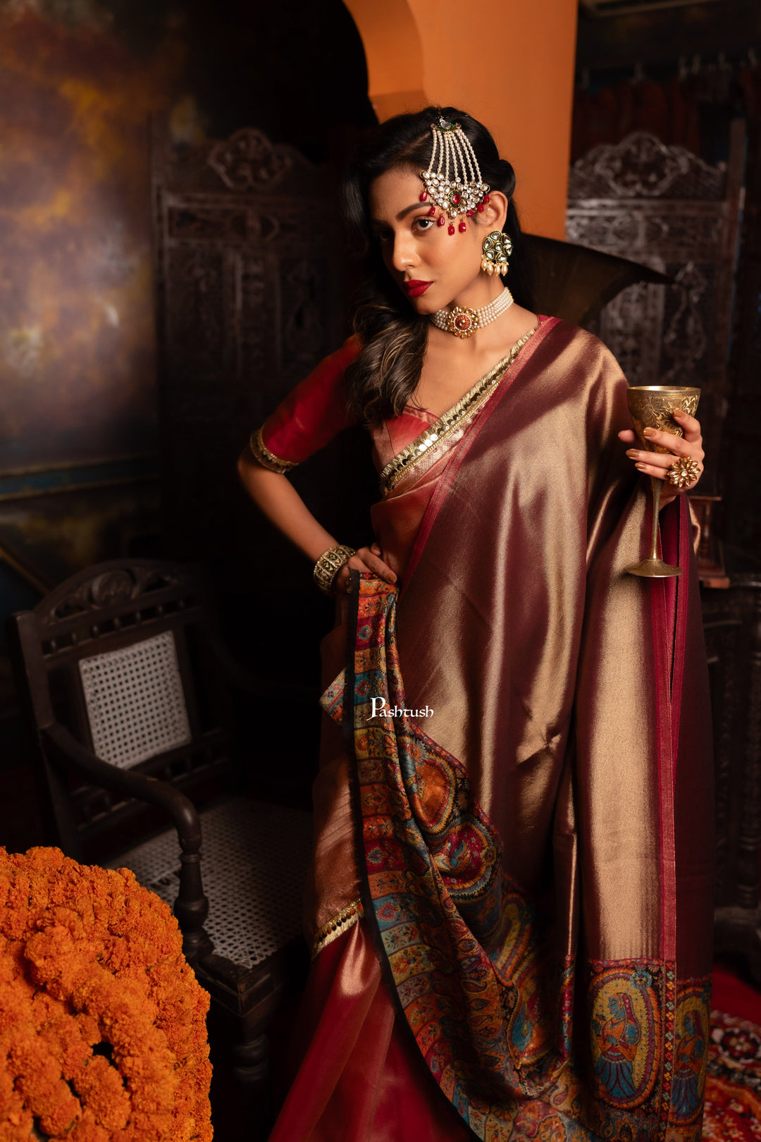 Pashtush India Womens Shawls Pashtush Womens Shawl, Twilight Collection, Fine Wool, Amber and Gold