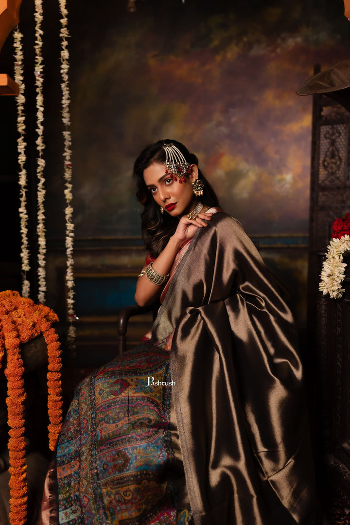 Pashtush India Womens Shawls Pashtush Womens Shawl, Twilight Collection, Palla border weave Fine Wool, Amber and Gold