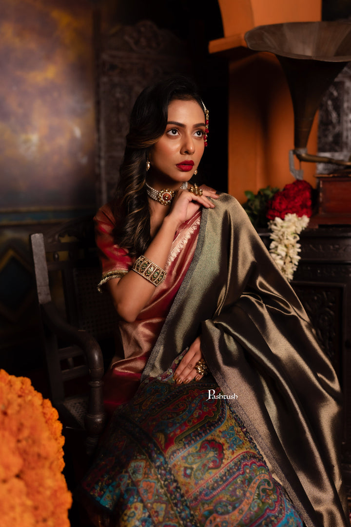 Pashtush India Womens Shawls Pashtush Womens Shawl, Twilight Collection, Palla border weave Fine Wool, Amber and Gold