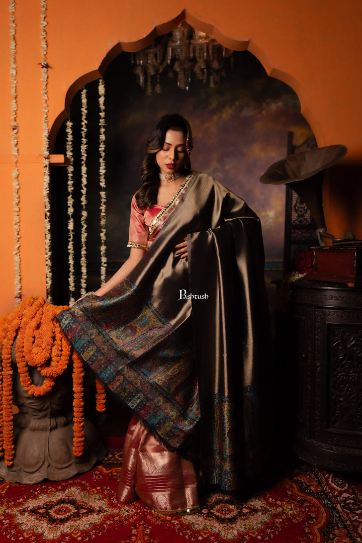 Pashtush India Womens Shawls Pashtush Womens Shawl, Twilight Collection, Palla border weave Fine Wool, Amber and Gold