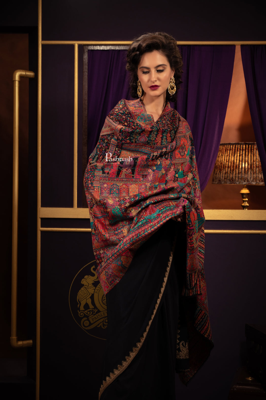 Pashtush India Womens Shawls Pashtush Womens Shawl, Twilight collection with woven royal darbar, fine wool, black