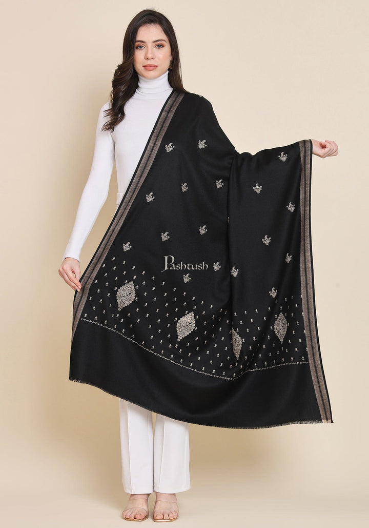 Pashtush India Womens Shawls Pashtush Womens Shawl, Woollen, Ethnic Motif Kashmiri Embroidery, Black