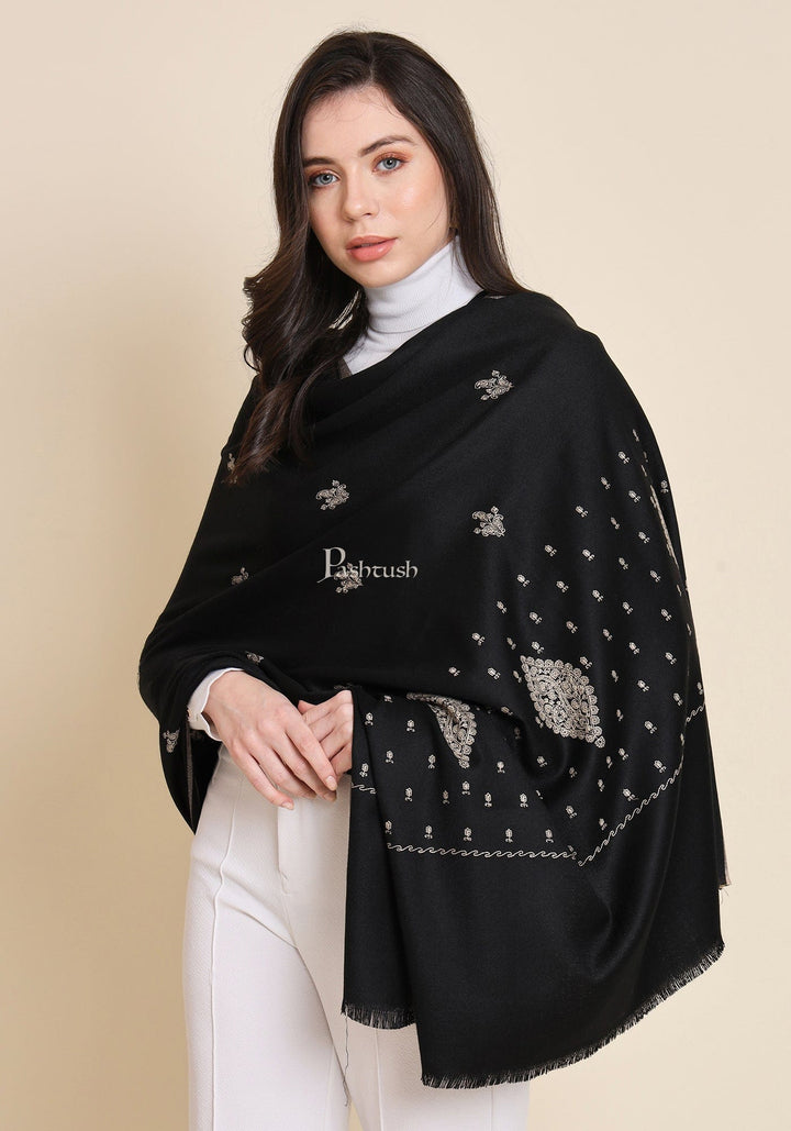 Pashtush India Womens Shawls Pashtush Womens Shawl, Woollen, Ethnic Motif Kashmiri Embroidery, Black