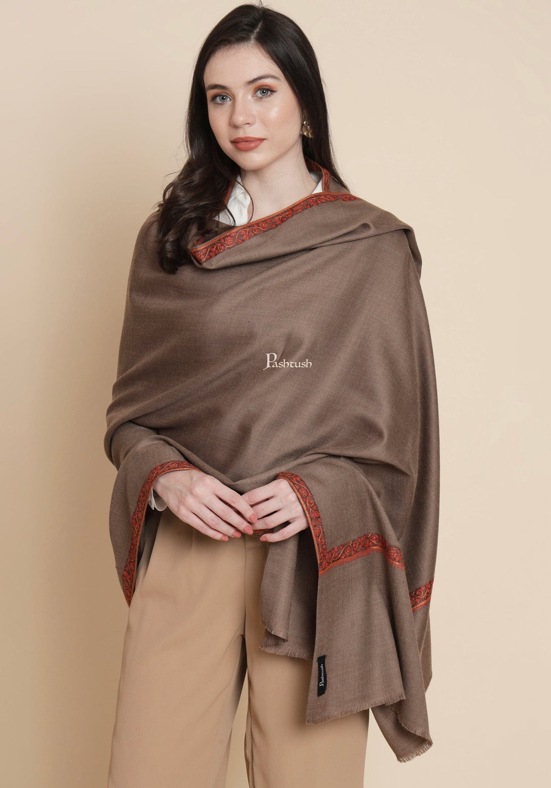 Pashtush India Womens Shawls Pashtush Womens Shawl, Woollen, Ethnic Motif Kashmiri Haashia Hand Embroidery, Taupe