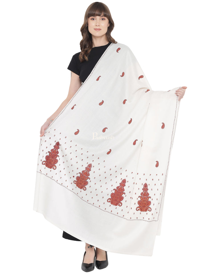 Pashtush India Womens Shawls Pashtush Womens Shawl, Woollen, Needlework Embroidery, White