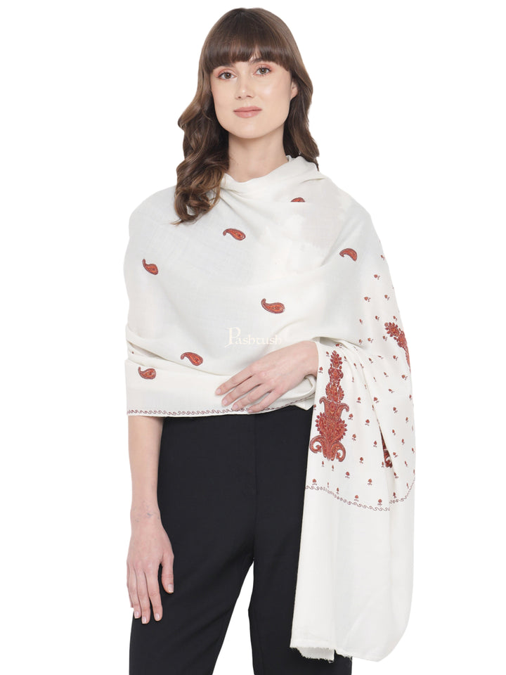 Pashtush India Womens Shawls Pashtush Womens Shawl, Woollen, Needlework Embroidery, White