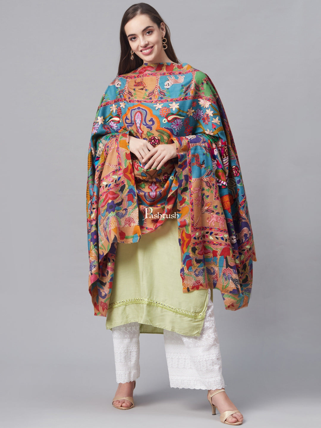 Pashtush India Womens Shawls Pashtush Womens Shikaar-Dar Hand Embroidered, Shawl In Fine Wool