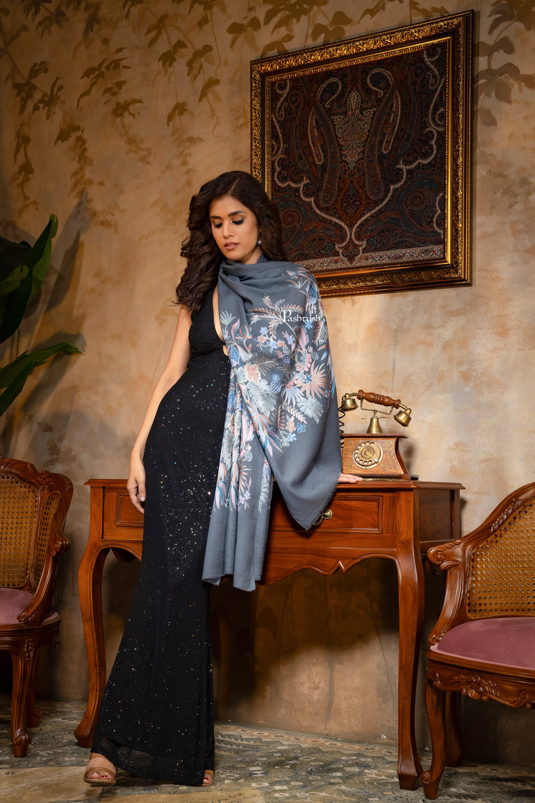 Pashtush India Womens Shawls Pashtush Womens Silk Wool Stole, Extra Fine Hand Embroidery, Topical Paradise, Melange Grey