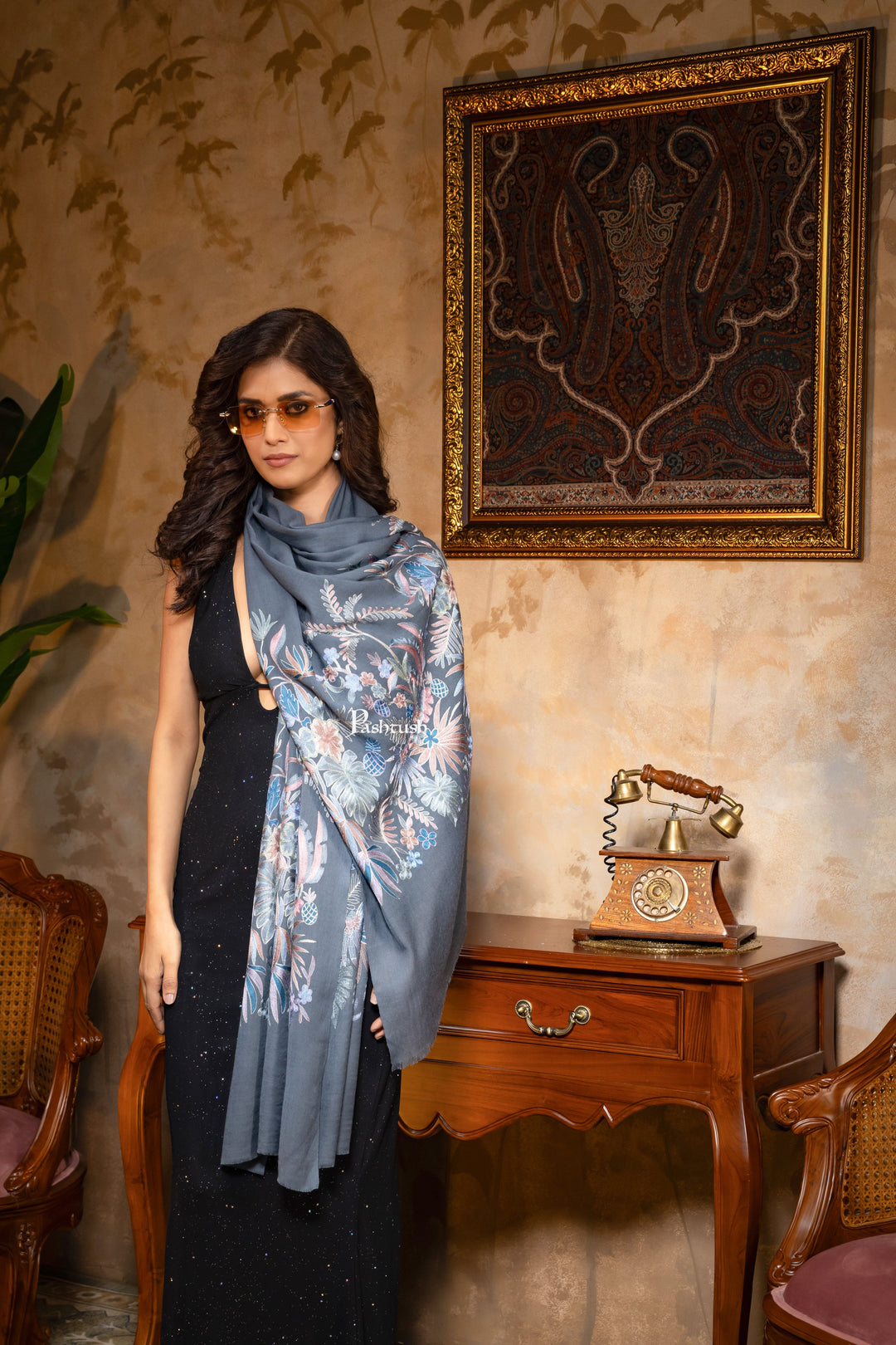 Pashtush India Womens Shawls Pashtush Womens Silk Wool Stole, Extra Fine Hand Embroidery, Topical Paradise, Melange Grey