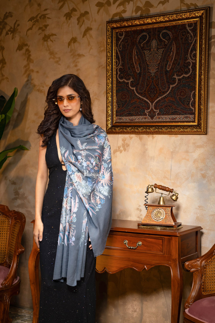 Pashtush India Womens Shawls Pashtush Womens Silk Wool Stole, Extra Fine Hand Embroidery, Topical Paradise, Melange Grey