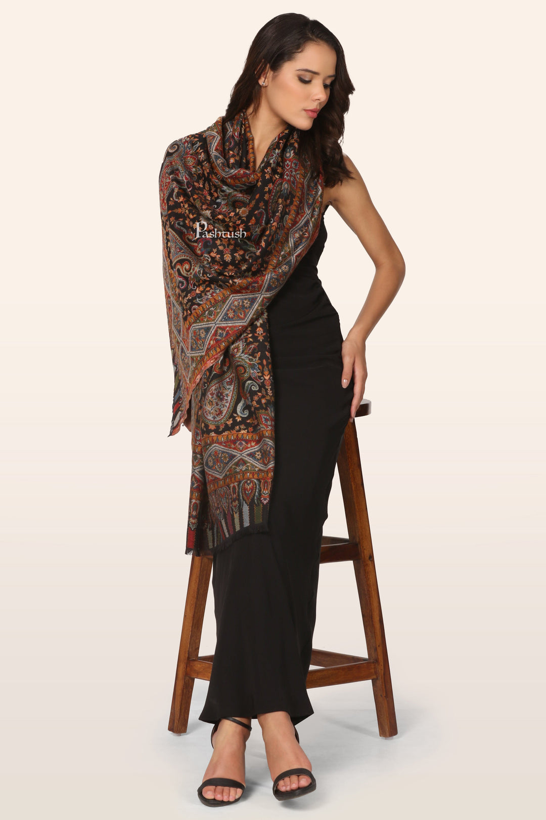 Pashtush India womens scarf and Stoles Pashtush Womens  Stole, Ethnic Weave Design, Black