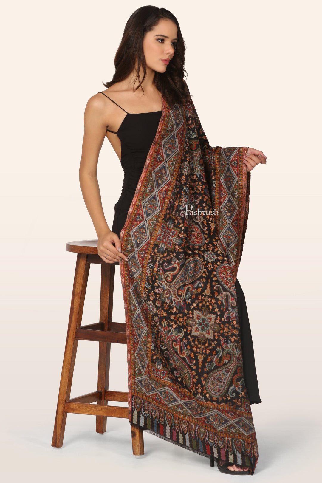 Pashtush India womens scarf and Stoles Pashtush Womens  Stole, Ethnic Weave Design, Black