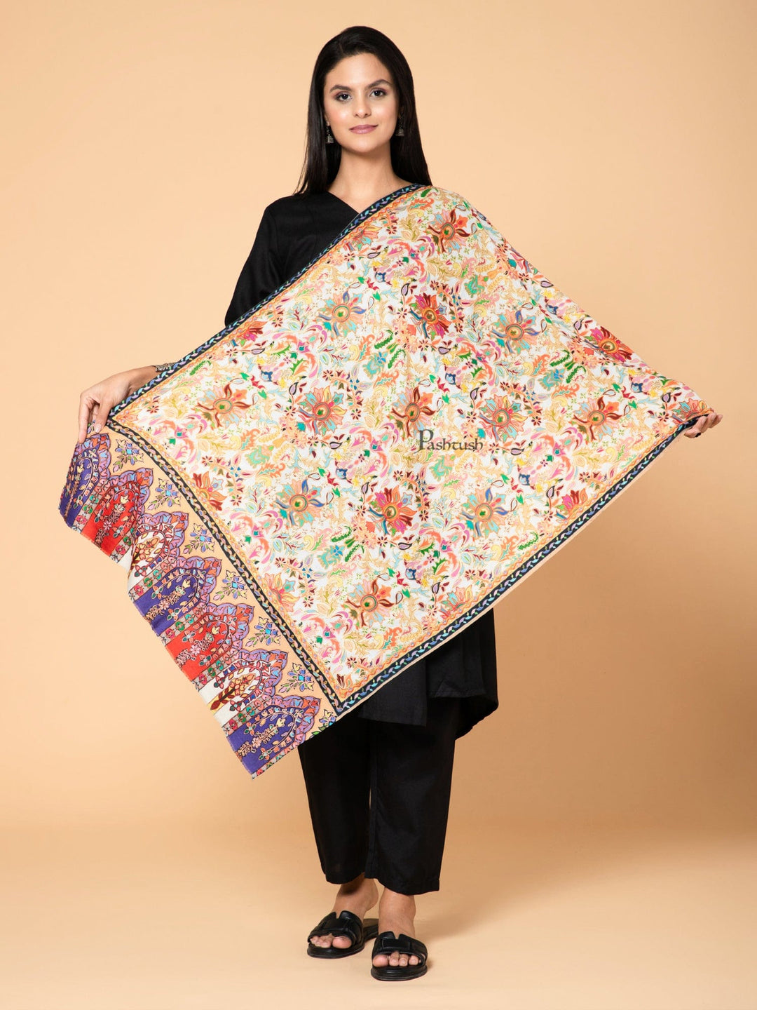 Pashtush India womens scarf and Stoles Pashtush Womens Stole, Extra Fine Wool Kalamakri with Outline Hand Embrodiery, Multicolour