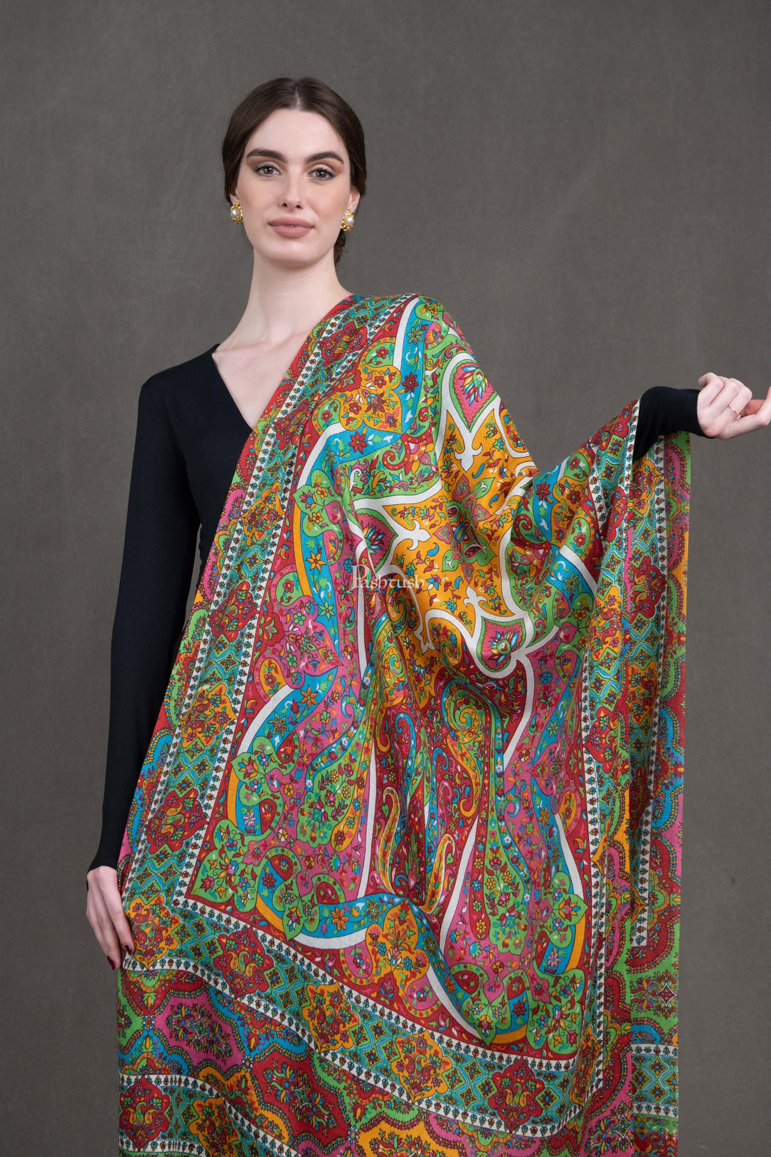 Pashtush India Womens Shawls Pashtush Womens Stole, Extra Fine Wool, Printed Kalamkari Design, Ultra Soft