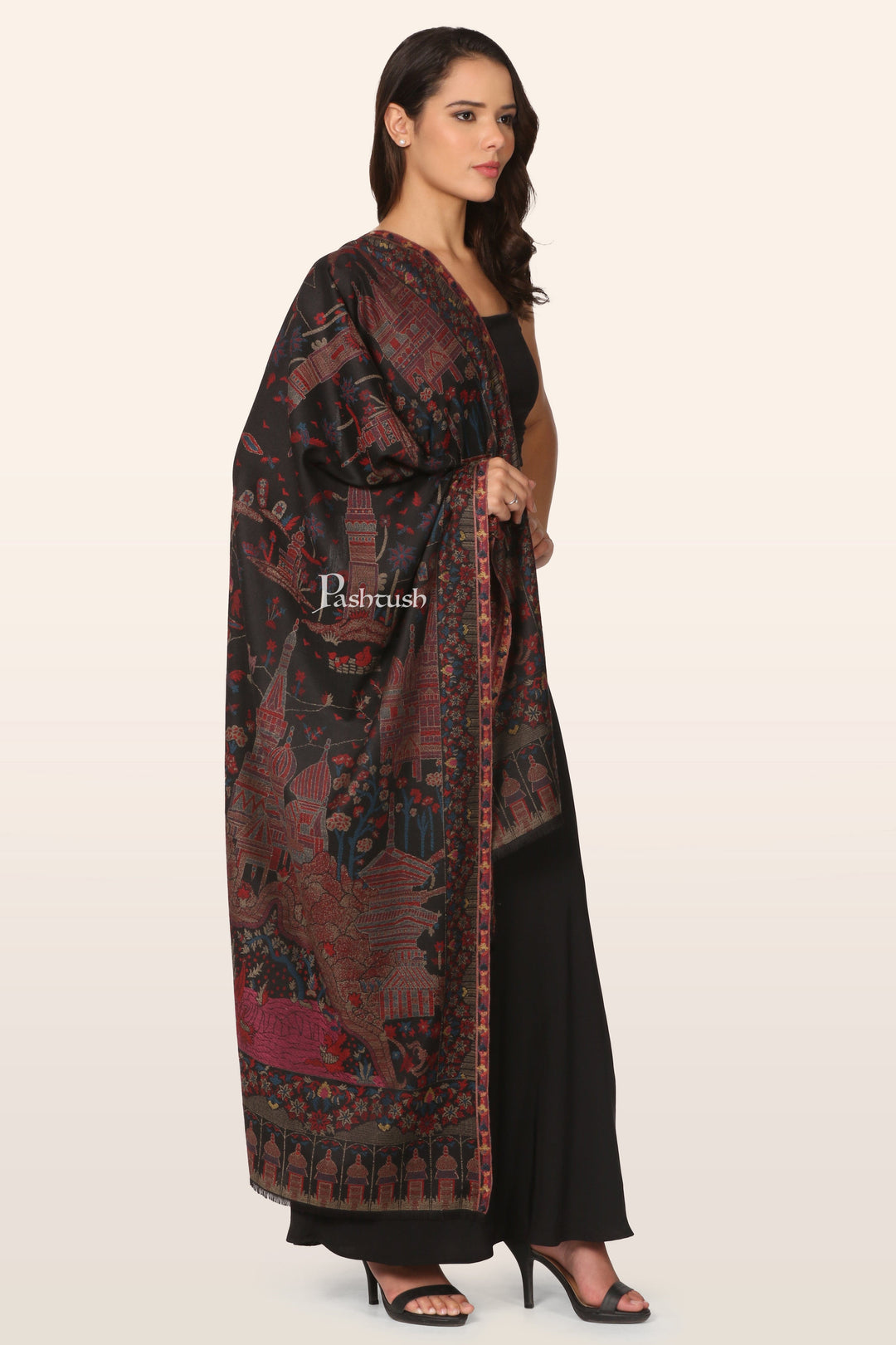 Pashtush India womens scarf and Stoles Pashtush Womens Stole, Faux Pashmina, Royal Palace Woven Design, Black