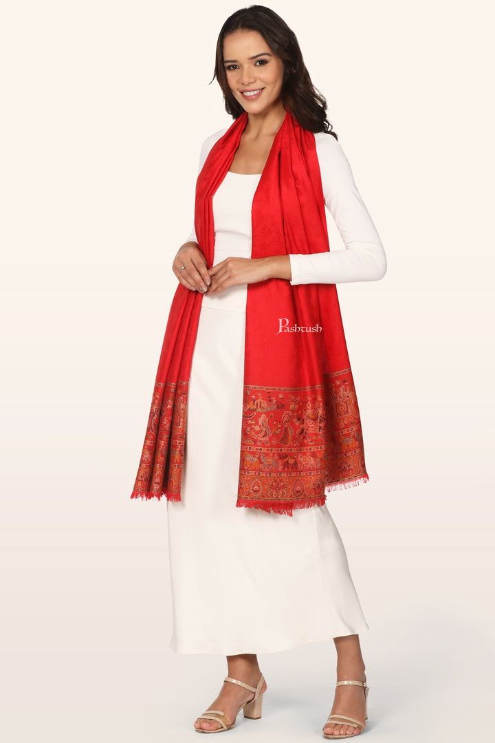 Pashtush India womens scarf and Stoles Pashtush Womens Stole, Faux Pashmina with Doli Palla Woven Design, Red