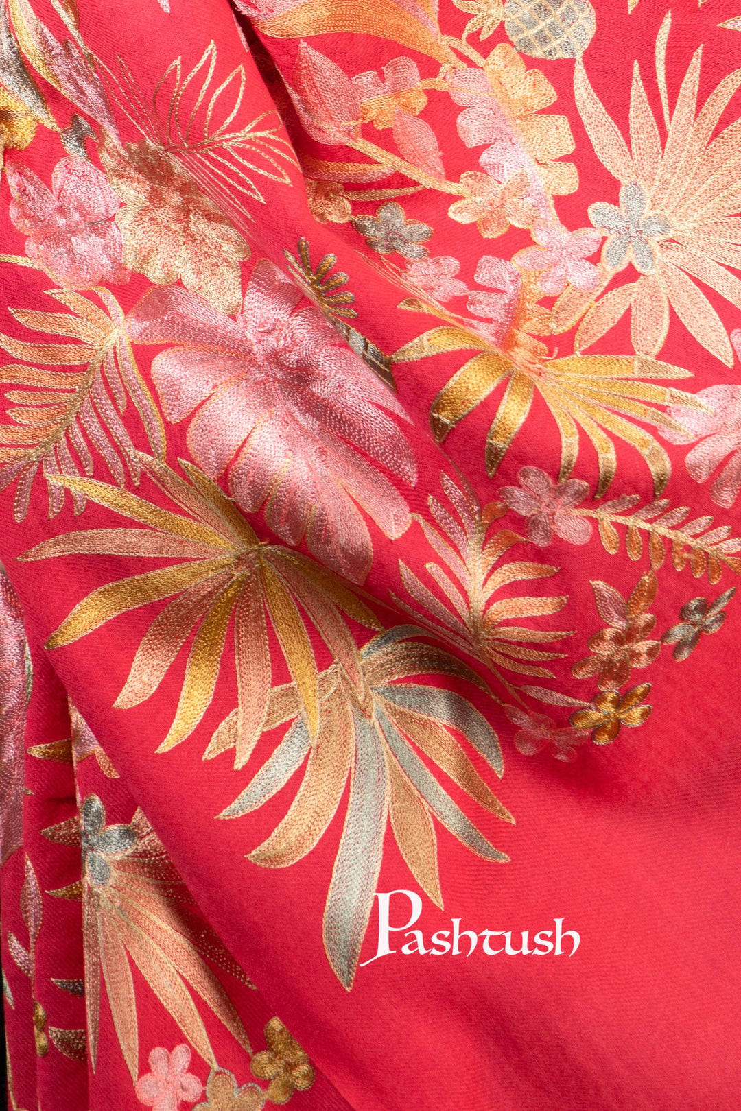 Pashtush India Womens Stoles and Scarves Scarf Pashtush Womens Stole, Fine Wool Hand Crafted Nalki Embroidery, Fuchsia