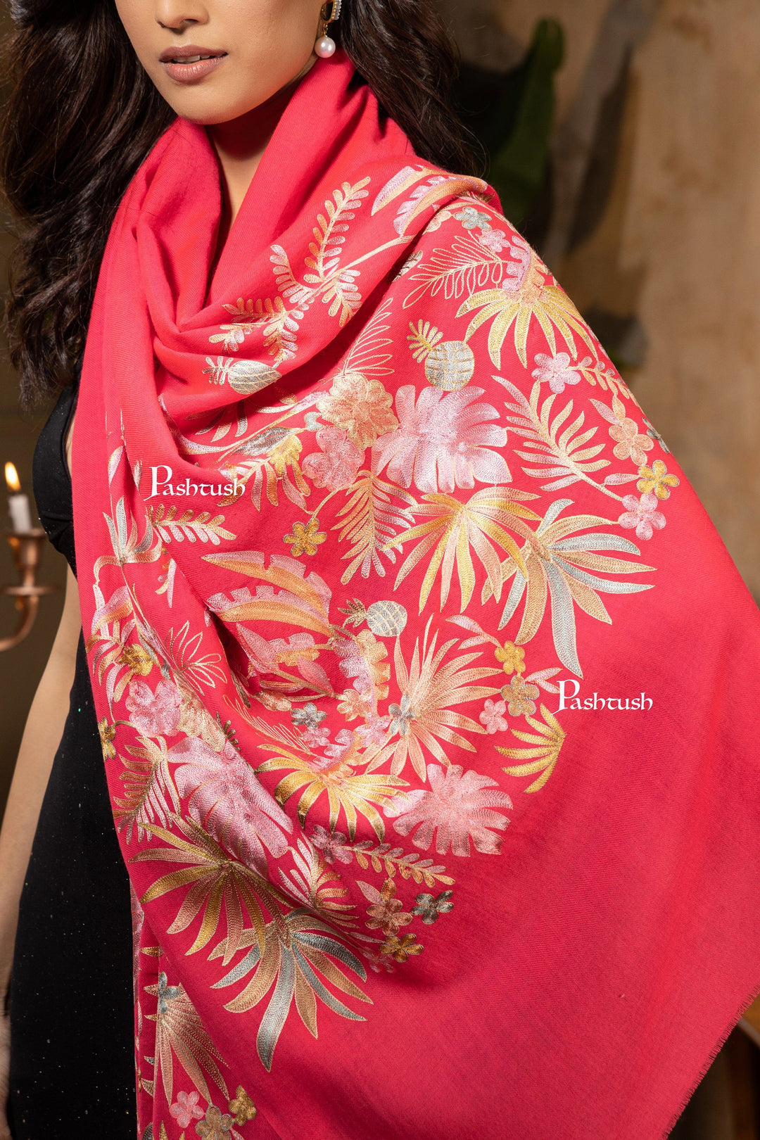 Pashtush India Womens Stoles and Scarves Scarf Pashtush Womens Stole, Fine Wool Hand Crafted Nalki Embroidery, Fuchsia