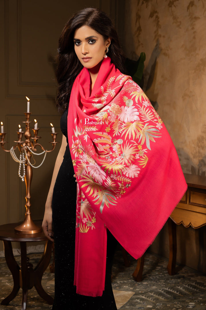 Pashtush India Womens Stoles and Scarves Scarf Pashtush Womens Stole, Fine Wool Hand Crafted Nalki Embroidery, Fuchsia