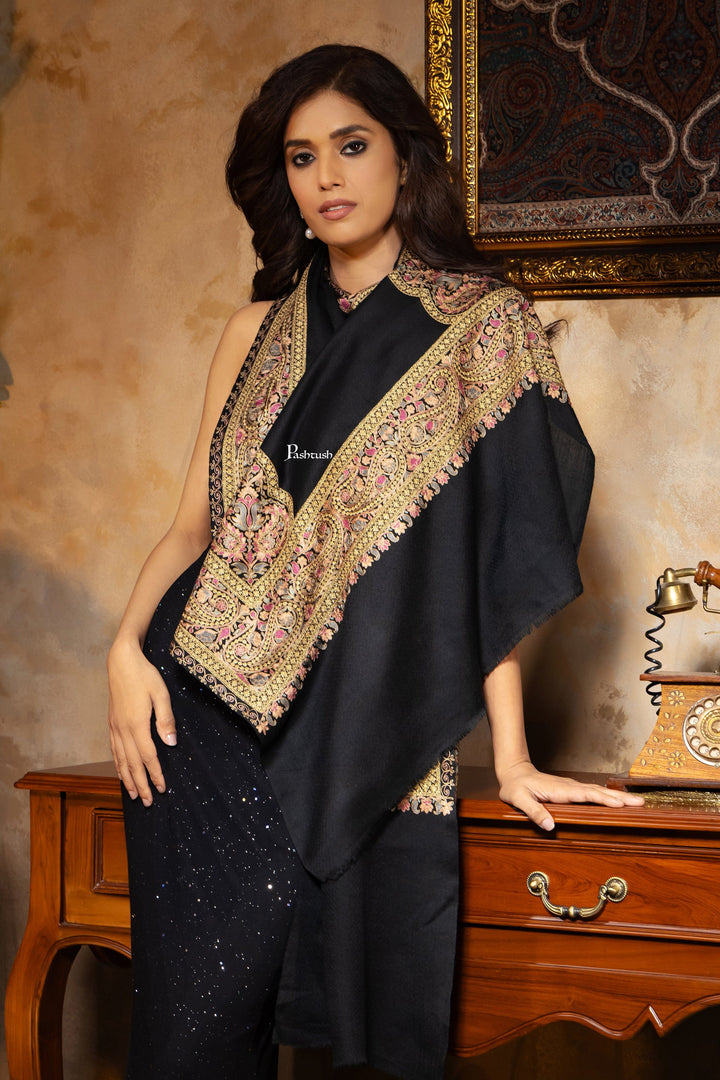 Pashtush India Womens Stoles and Scarves Scarf Pashtush Womens Stole, Fine Wool Silk Nalki Embroidery, Twilight Collection, Black