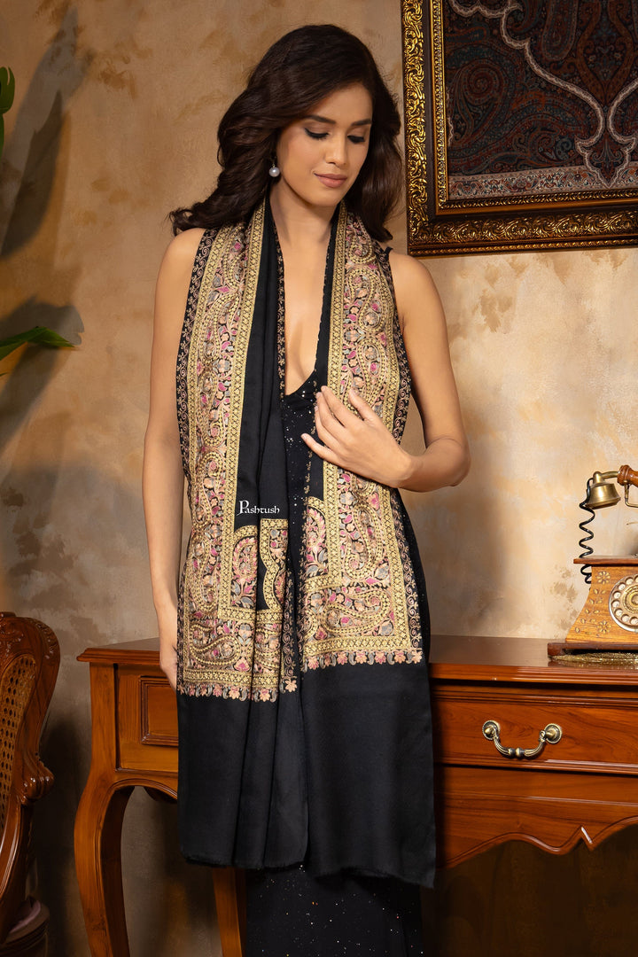 Pashtush India Womens Stoles and Scarves Scarf Pashtush Womens Stole, Fine Wool Silk Nalki Embroidery, Twilight Collection, Black