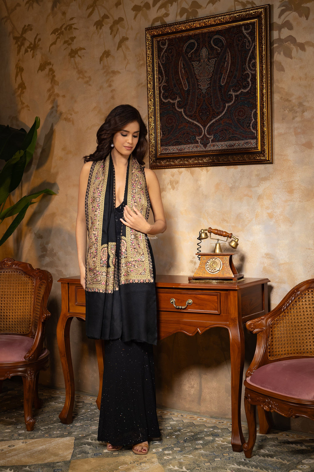 Pashtush India Womens Stoles and Scarves Scarf Pashtush Womens Stole, Fine Wool Silk Nalki Embroidery, Twilight Collection, Black