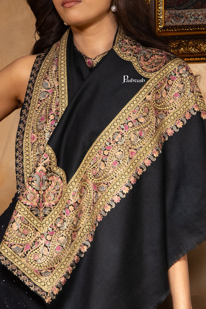 Pashtush India Womens Stoles and Scarves Scarf Pashtush Womens Stole, Fine Wool Silk Nalki Embroidery, Twilight Collection, Black