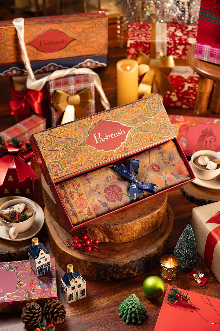 Pashtush India Gift Pack Pashtush Womens Stole, Gulaabdar Floral Weave, Fine Wool, Pastel Beige