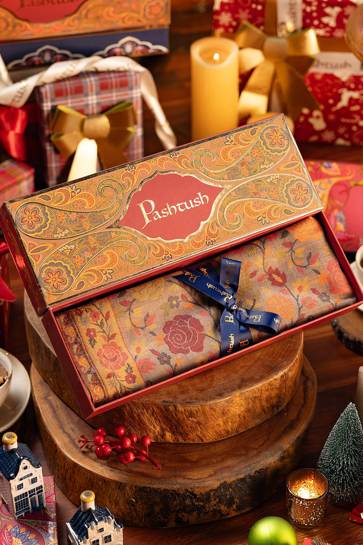 Pashtush India Gift Pack Pashtush Womens Stole, Gulaabdar Floral Weave, Fine Wool, Pastel Beige