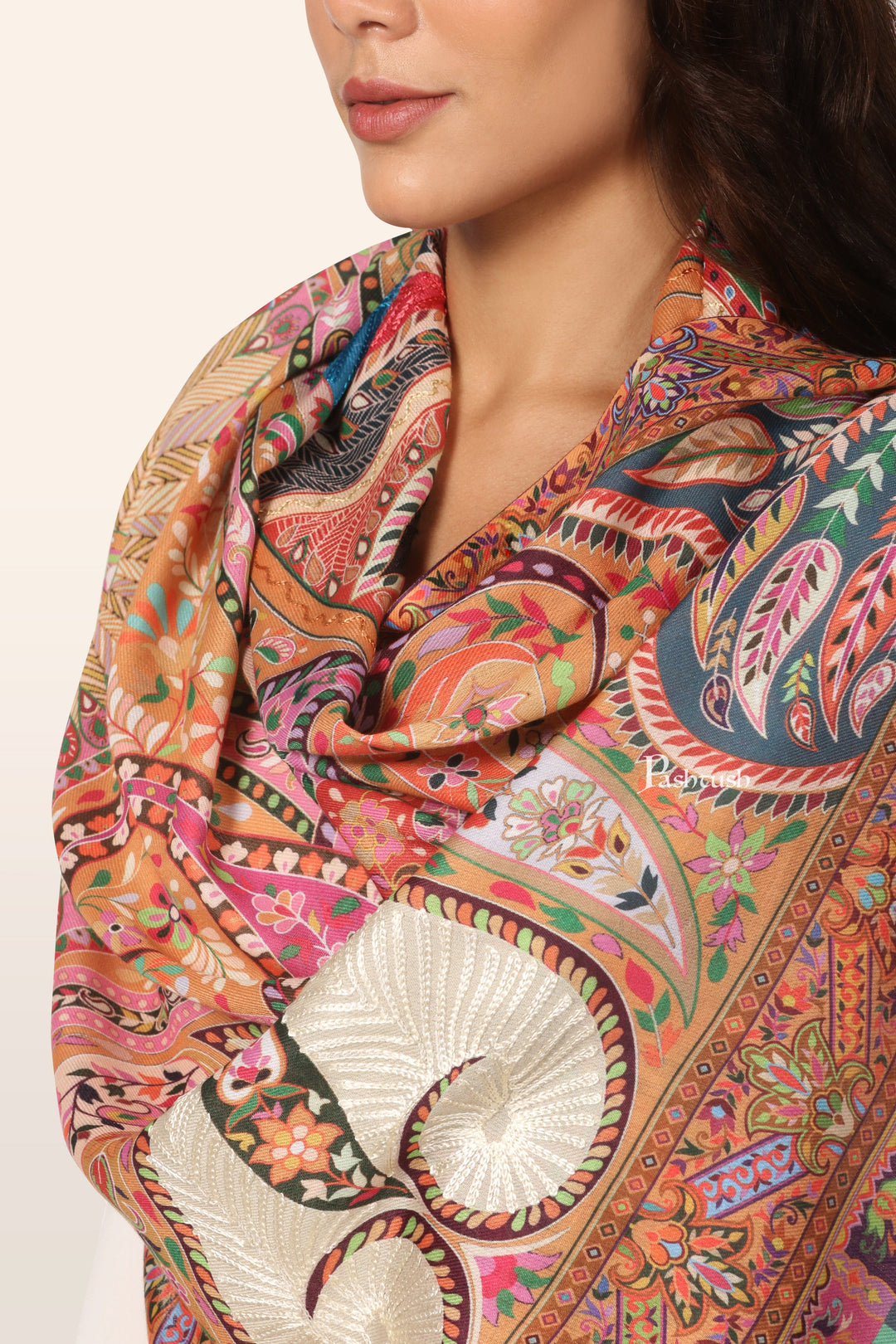 Pashtush India womens scarf and Stoles Pashtush Womens Stole, Soft bamboo, Print with Multicoloured Aari Embroidery