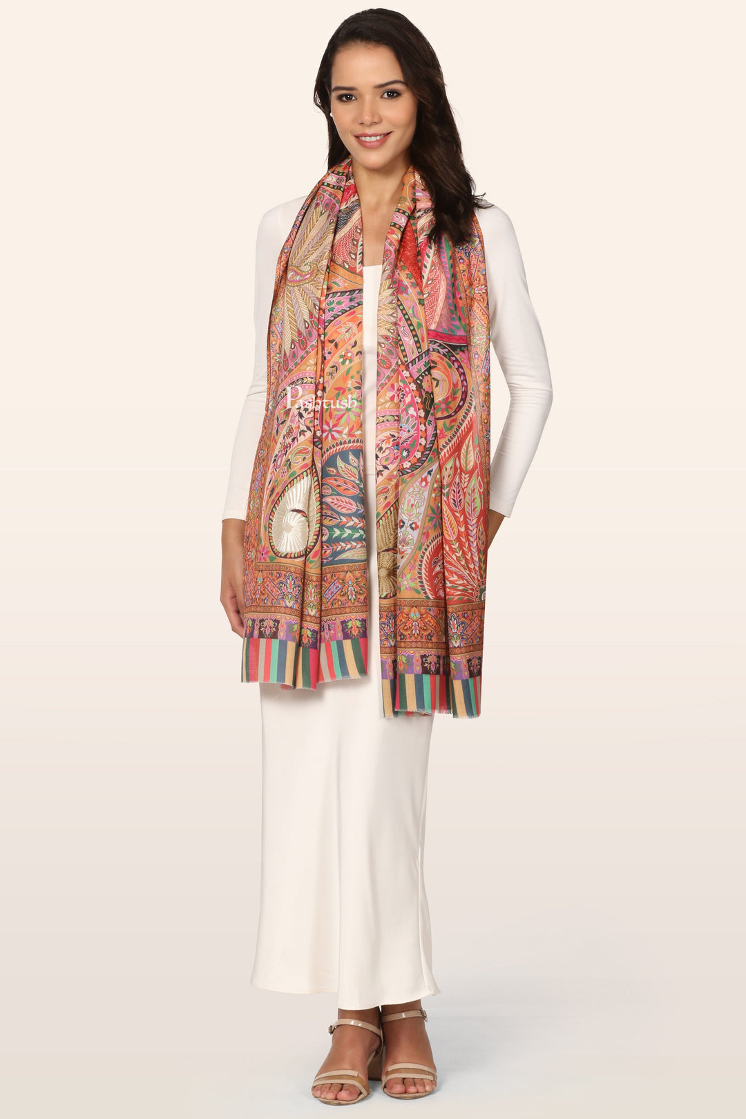 Pashtush India womens scarf and Stoles Pashtush Womens Stole, Soft bamboo, Print with Multicoloured Aari Embroidery