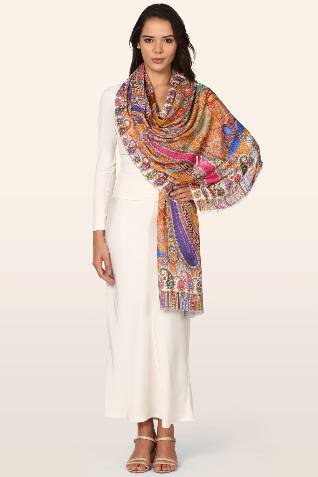 Pashtush India womens scarf and Stoles Pashtush Womens Stole, Soft bamboo, Print with Multicoloured Aari Embroidery