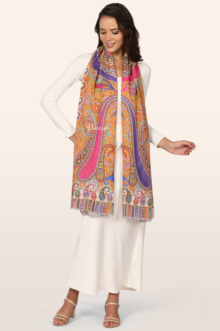 Pashtush India womens scarf and Stoles Pashtush Womens Stole, Soft bamboo, Print with Multicoloured Aari Embroidery