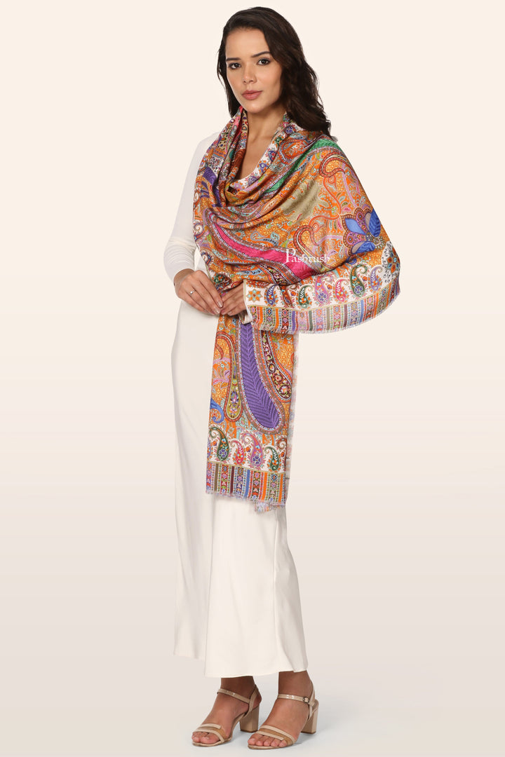 Pashtush India womens scarf and Stoles Pashtush Womens Stole, Soft bamboo, Print with Multicoloured Aari Embroidery