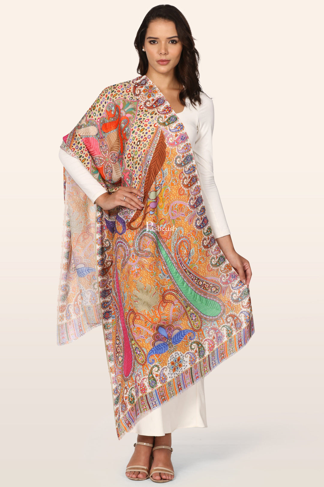 Pashtush India womens scarf and Stoles Pashtush Womens Stole, Soft bamboo, Print with Multicoloured Aari Embroidery