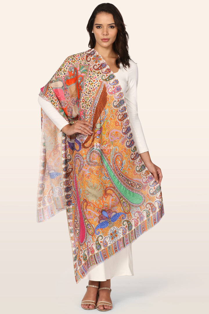 Pashtush India womens scarf and Stoles Pashtush Womens Stole, Soft bamboo, Print with Multicoloured Aari Embroidery