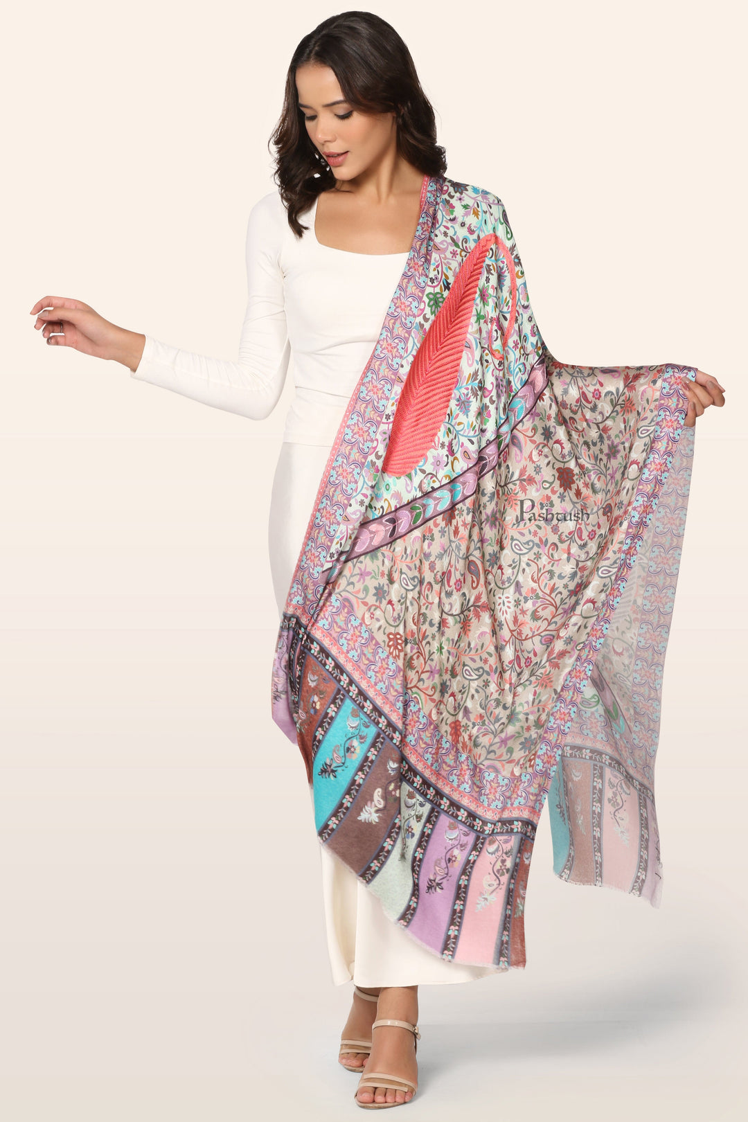 Pashtush India womens scarf and Stoles Pashtush Womens Stole, Soft bamboo, Print with Multicoloured Aari Embroidery