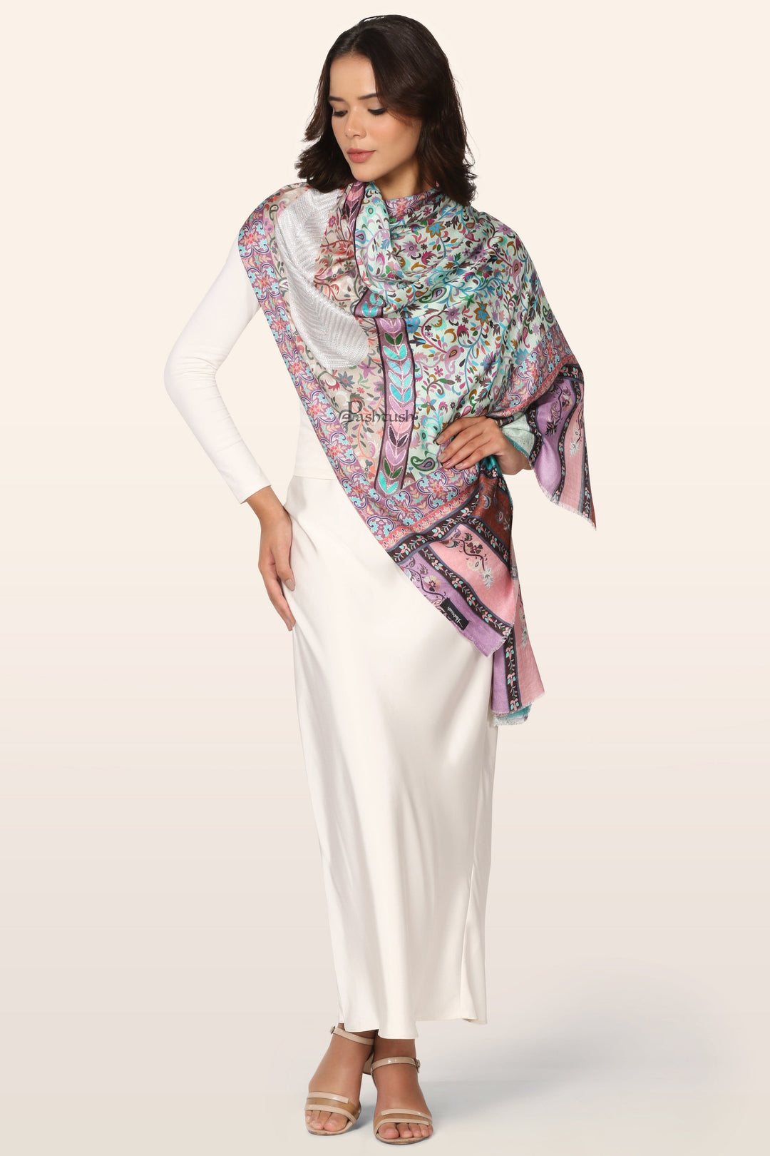 Pashtush India womens scarf and Stoles Pashtush Womens Stole, Soft bamboo, Print with Multicoloured Aari Embroidery