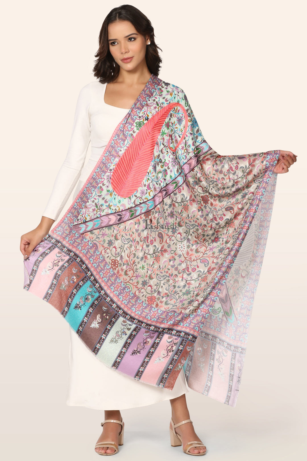 Pashtush India womens scarf and Stoles Pashtush Womens Stole, Soft bamboo, Print with Multicoloured Aari Embroidery