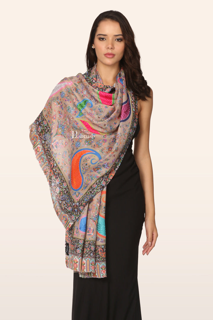 Pashtush India womens scarf and Stoles Pashtush Womens Stole, Soft bamboo, Print with Multicoloured Aari Embroidery